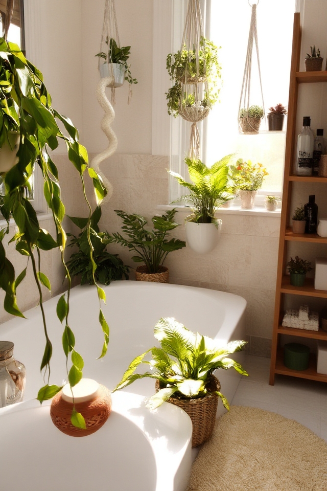 boho bathroom potted plants