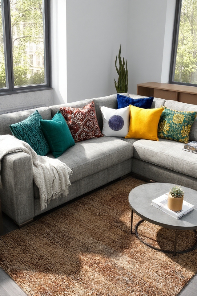 bold pillows enhance grey couch