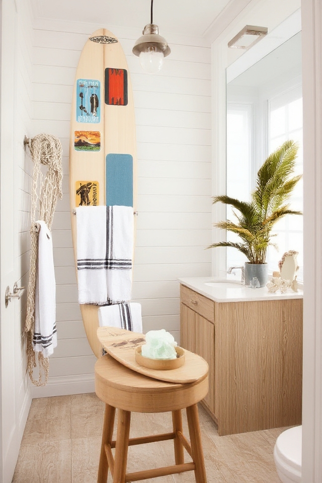coastal bathroom surfboard decor