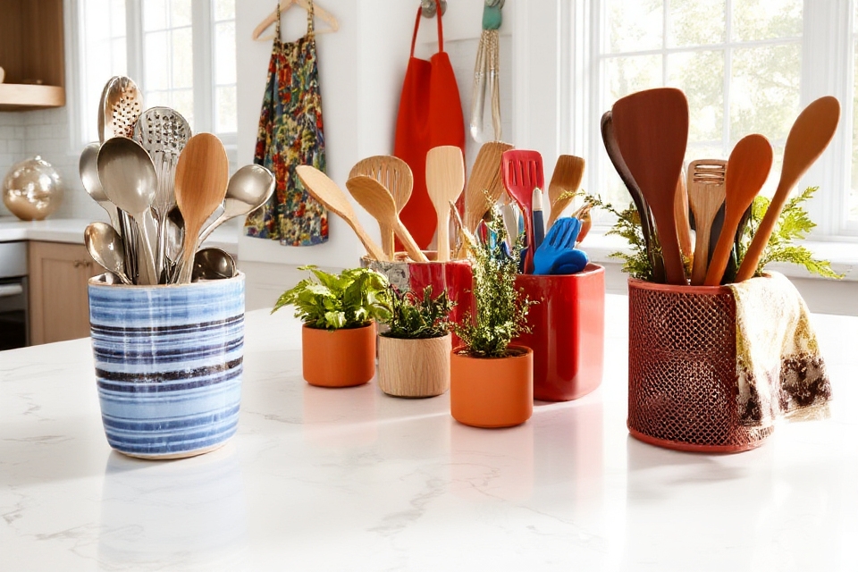 colorful kitchen utensil storage