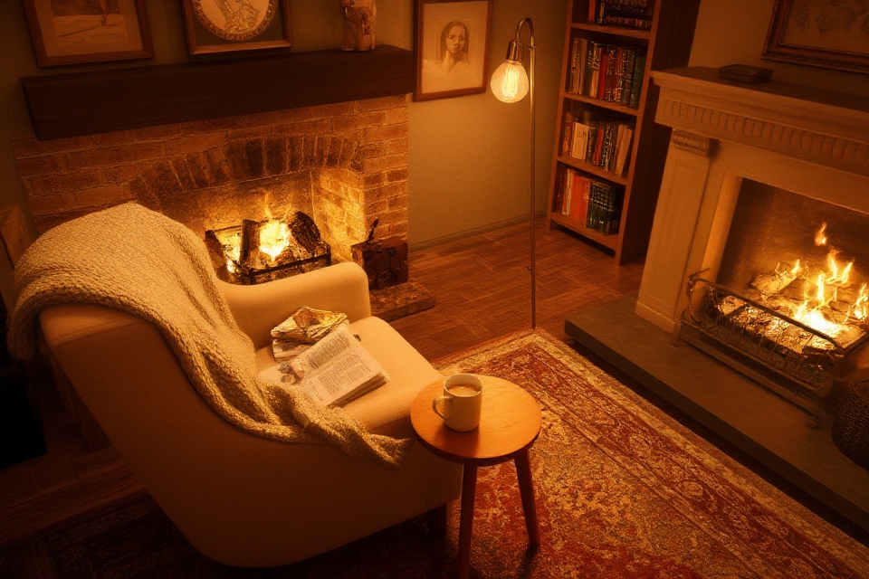 cozy fireplace reading nook