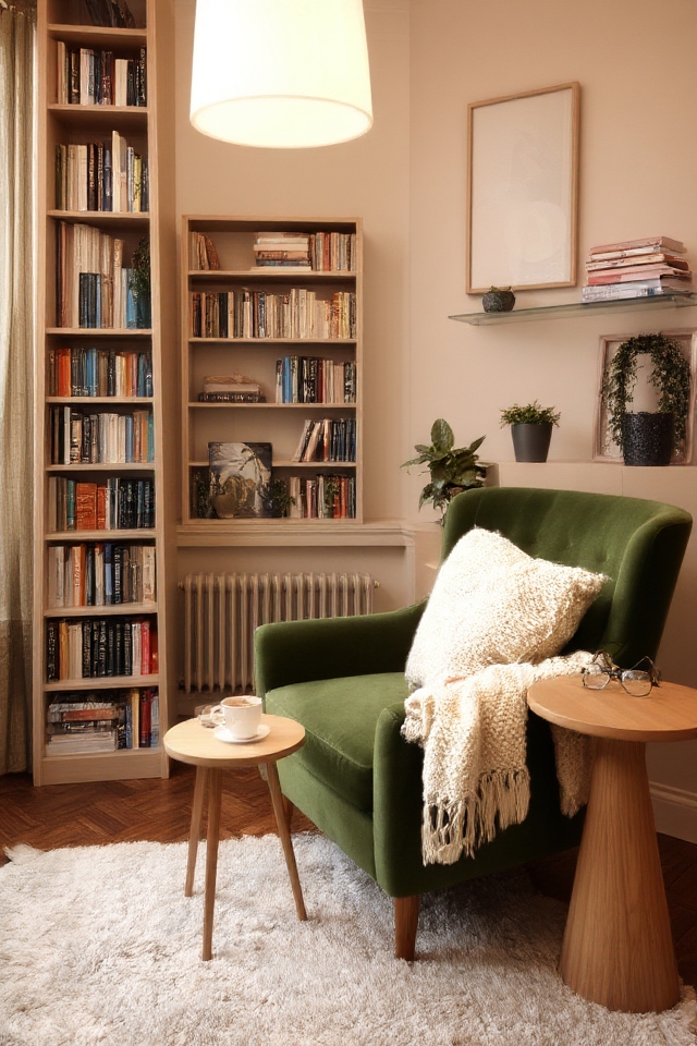 cozy nook with bookshelves