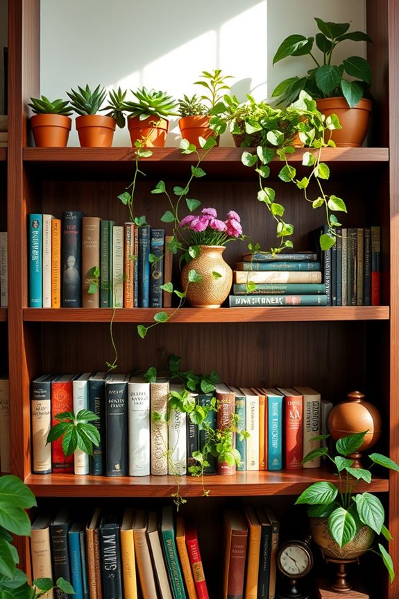 enhance bookshelves with greenery