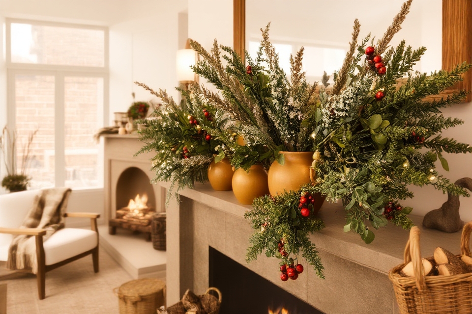 fresh greenery mantel decor