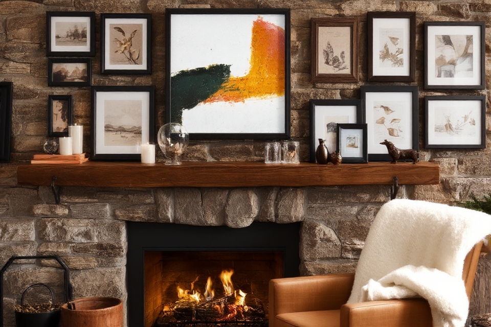 gallery wall above fireplace