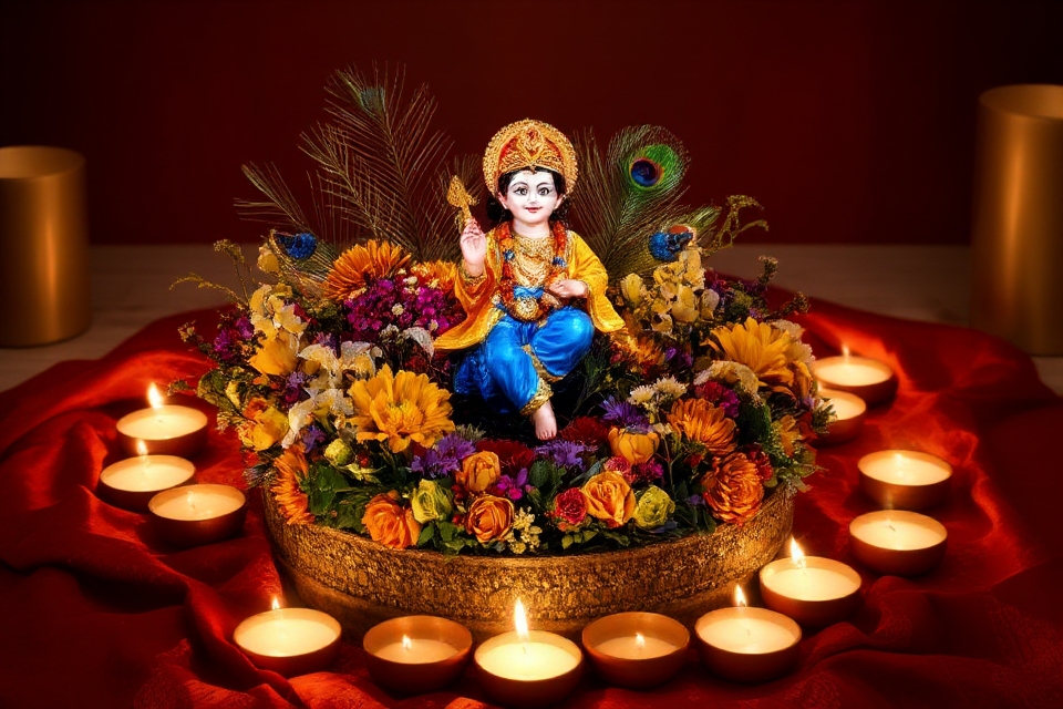 krishna themed vibrant centerpiece decorations