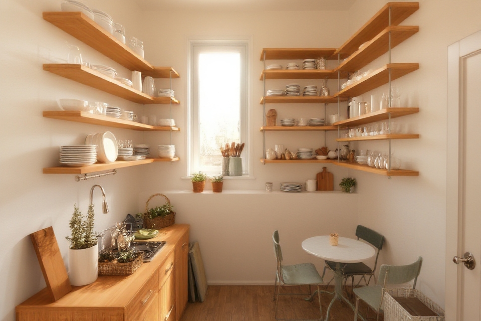 open shelving enhances spaciousness