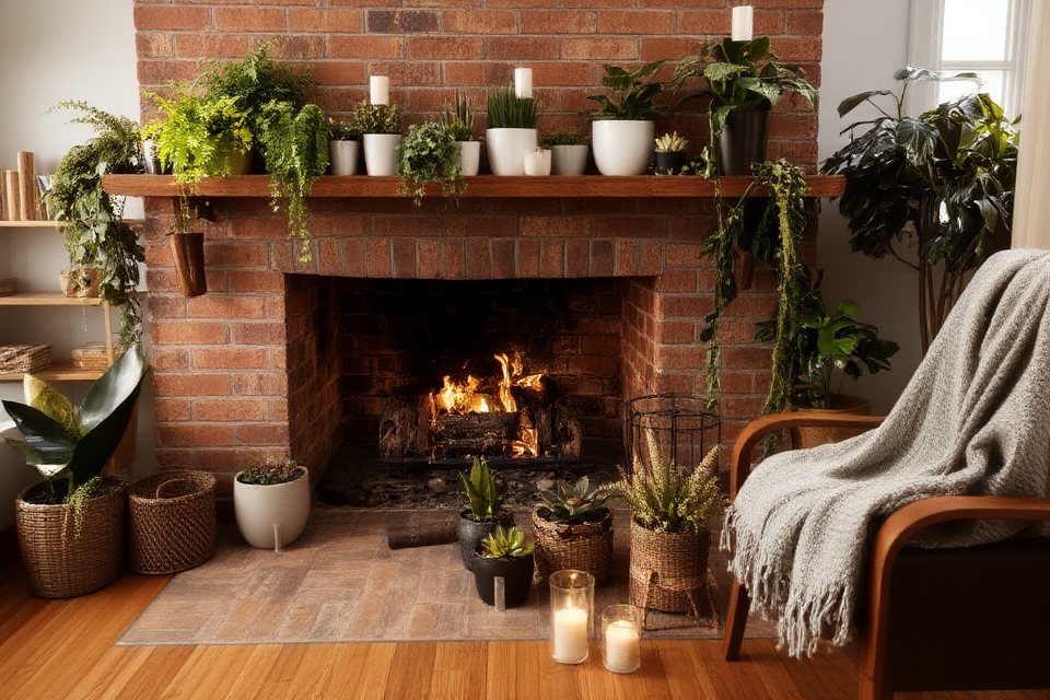 potted plants enhance fireplace ambiance