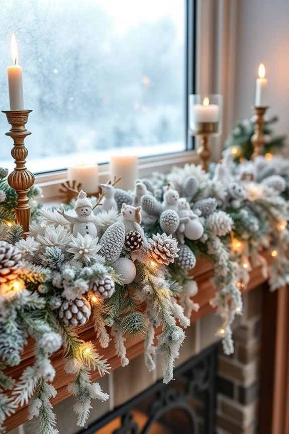 snowy winter mantel decor