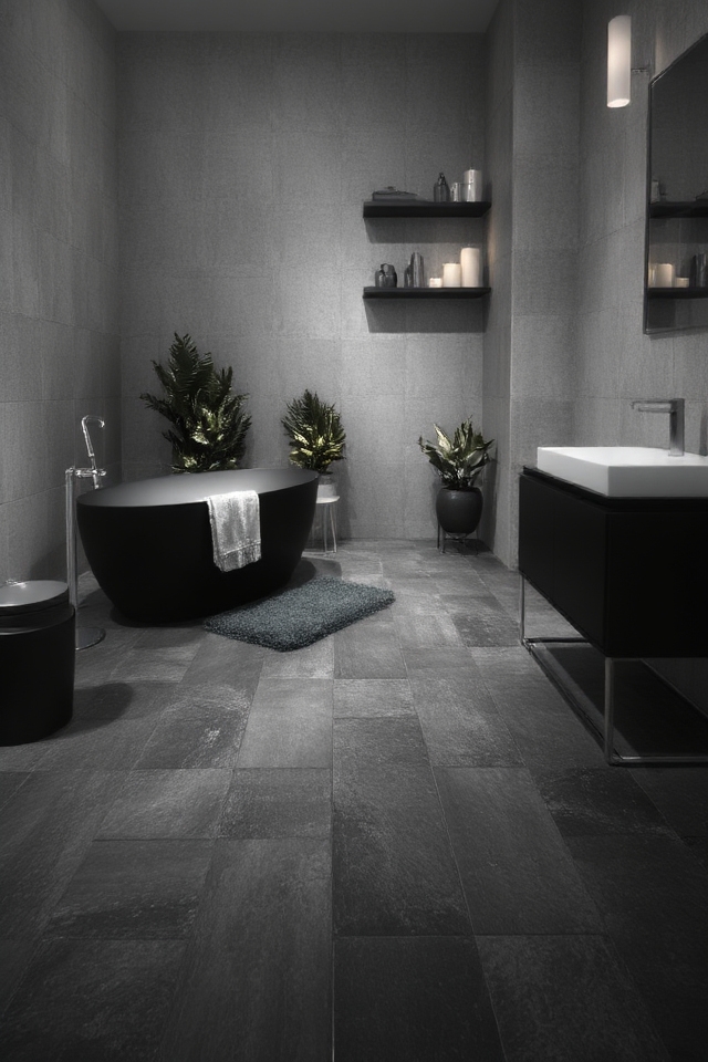 sophisticated dark bathroom tiles