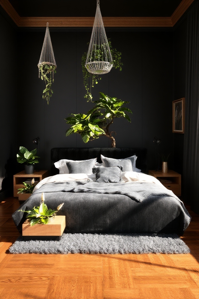 stylish black bedroom greenery