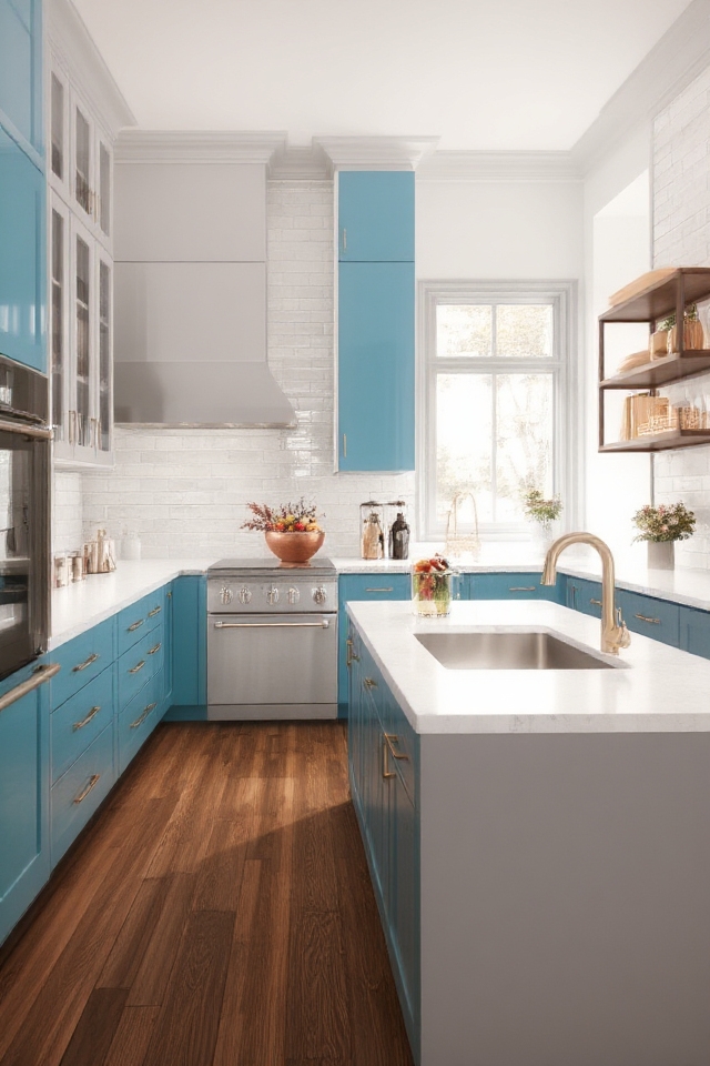 teal and gray kitchen contrast