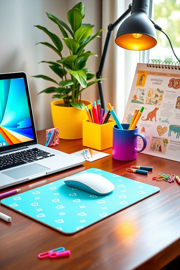 vibrant accessories enhance workspace
