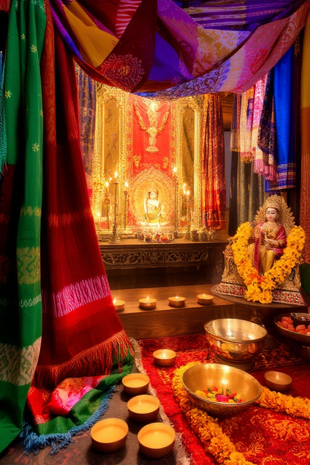 vibrant bandhani pooja decor