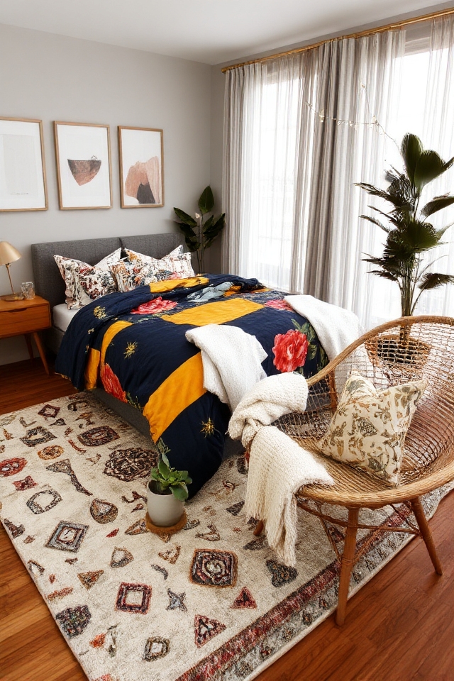 vibrant bedroom pattern mixing