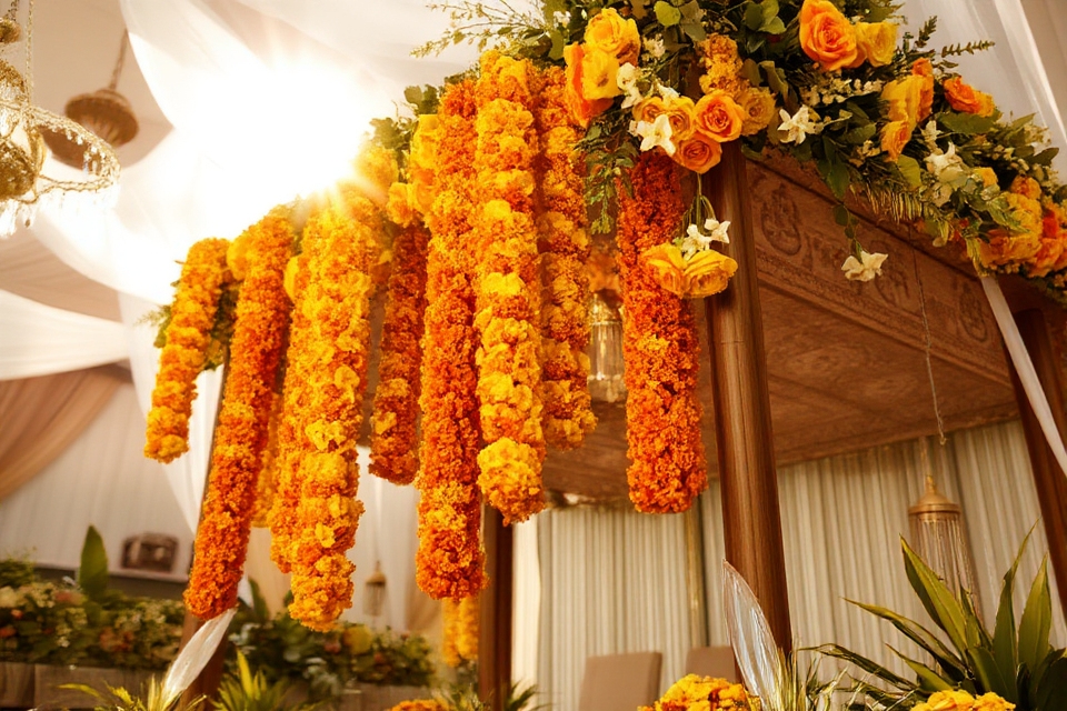vibrant marigold wedding garlands