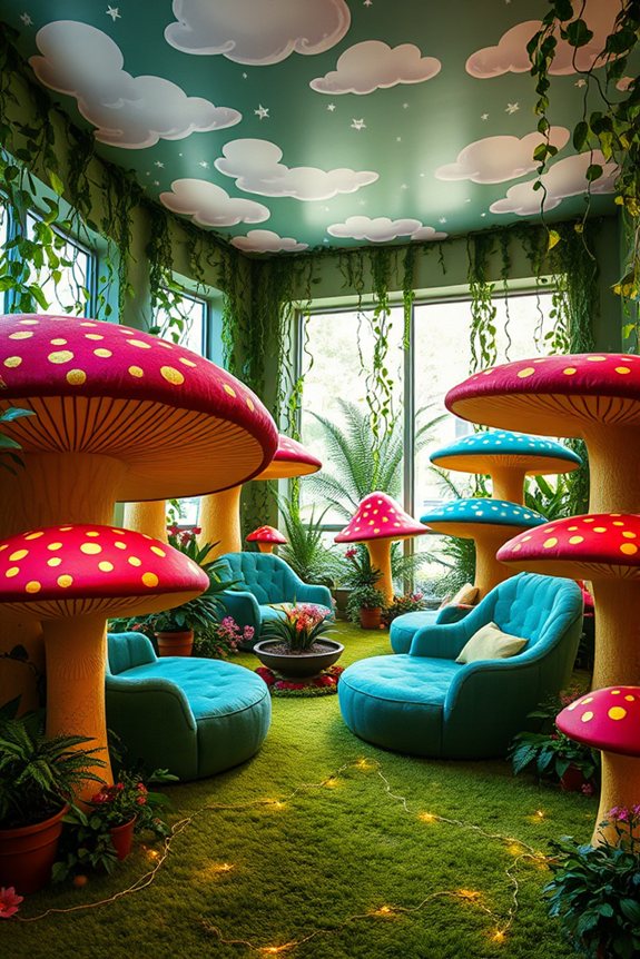 whimsical mushroom themed garden room