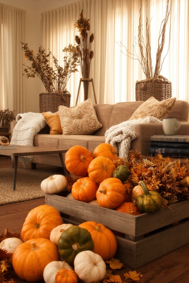 autumn pumpkin and gourd arrangement