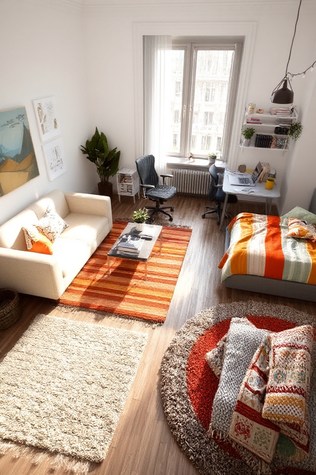colorful rugs define spaces