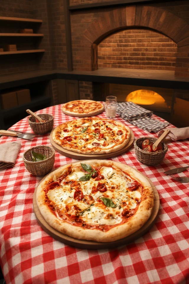 pizzeria themed tablecloths enhance atmosphere