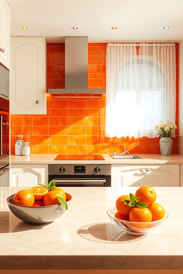 vibrant orange kitchen backsplash