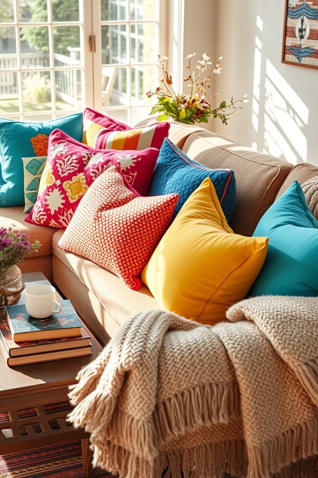 vibrant pillows enhance decor