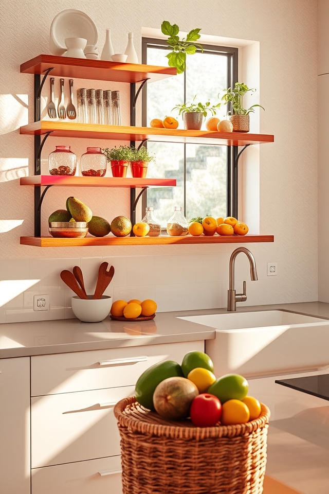 vibrant watermelon inspired kitchen shelves
