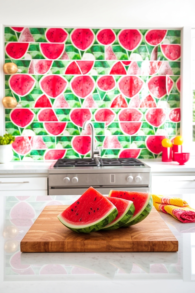 vibrant watermelon tile backsplash