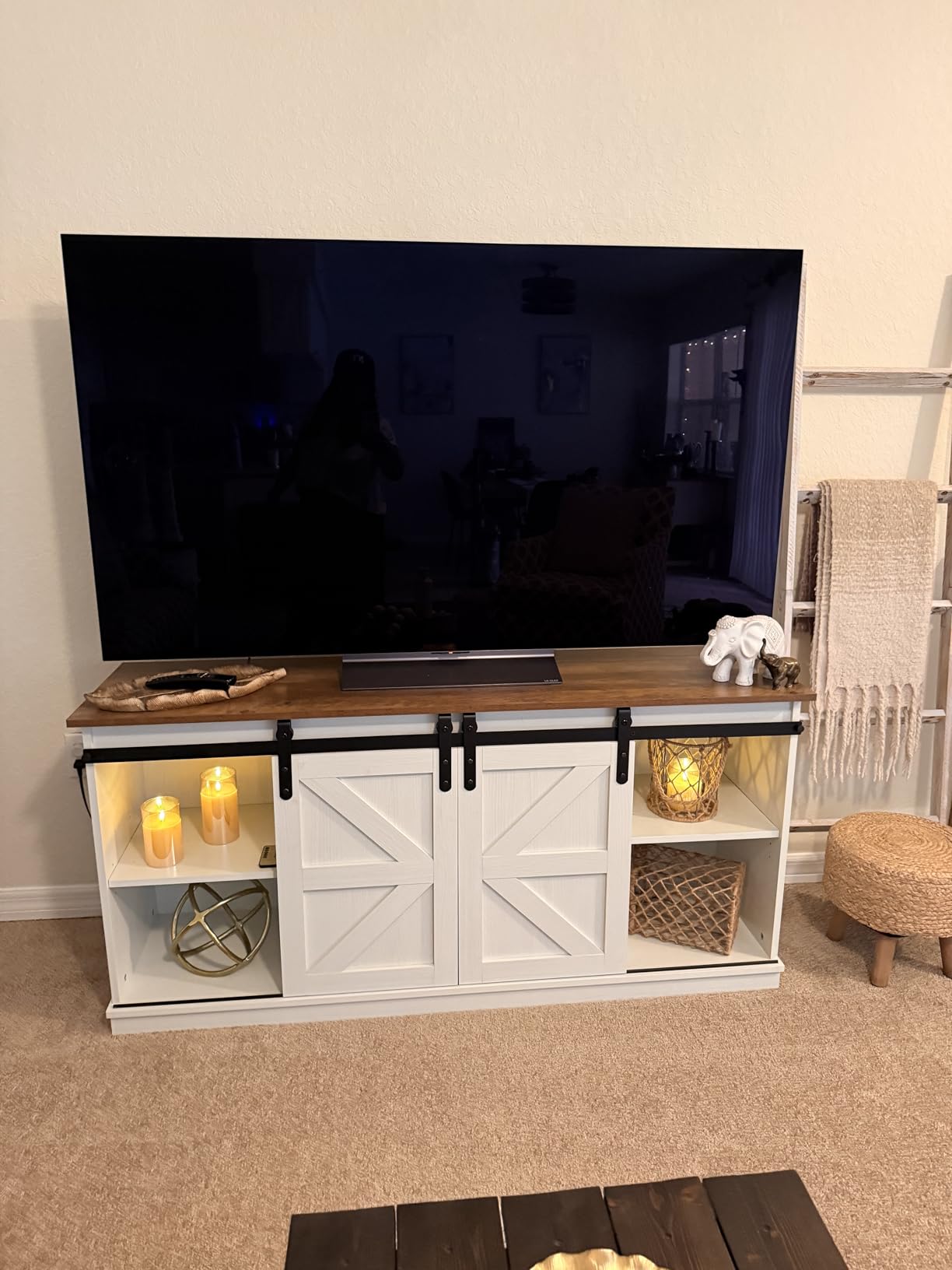 TV Stand for 65 Inch TV, Entertainment Center with Storage Cabinets and Sliding Barn Doors, Mid Century Modern Media TV Console Table for Living Room Bedroom (Bright White) customer photo 2
