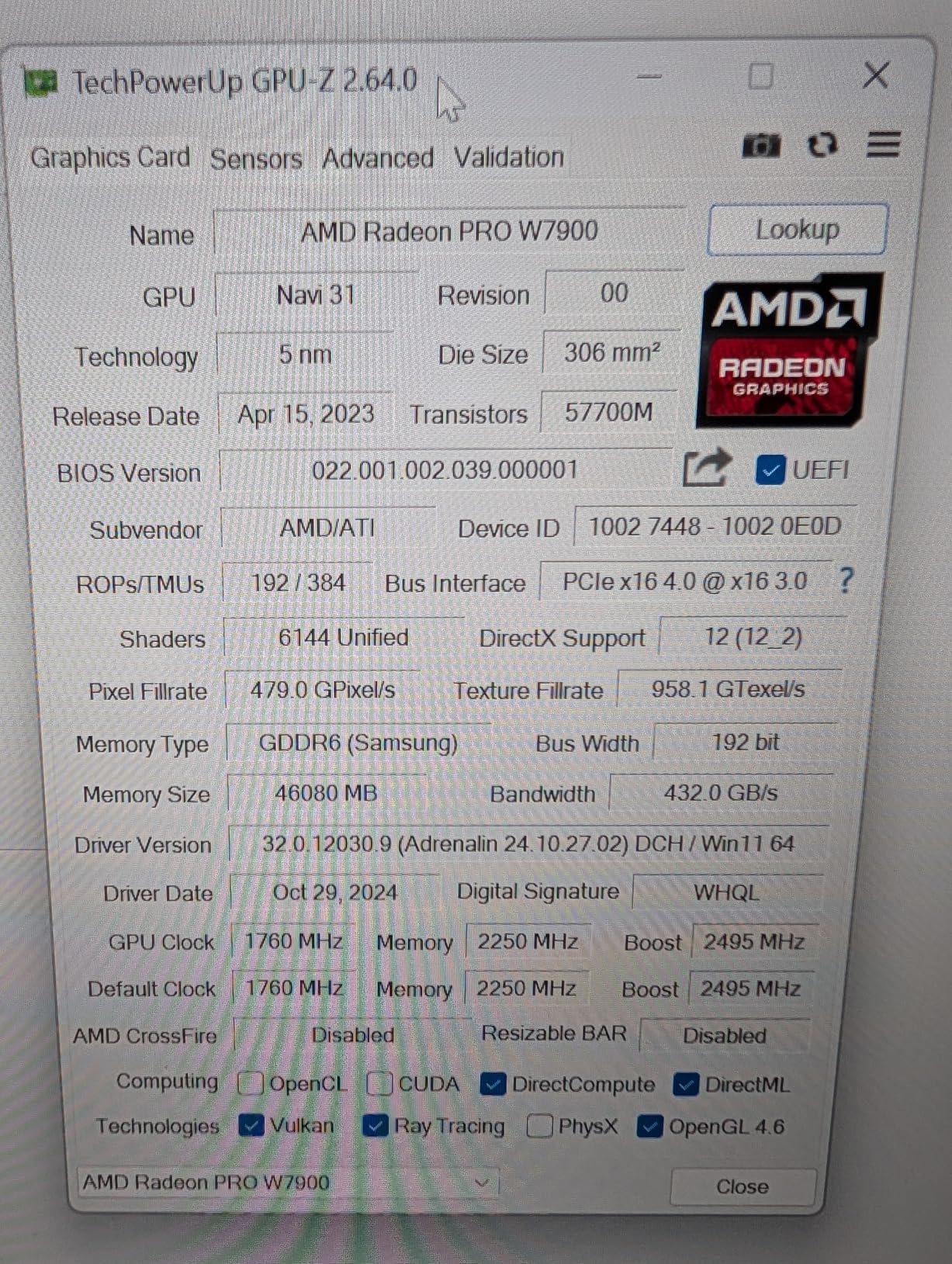 AMD Radeon™ Pro W7900, Professional Graphics Card, Workstation, AI, 3D Rendering, 48GB GDDR6, DisplaPort™ 2.1, AV1, 61 TFLOPS, 96CUS, 295W TDP, 8K - Customer Photo 1