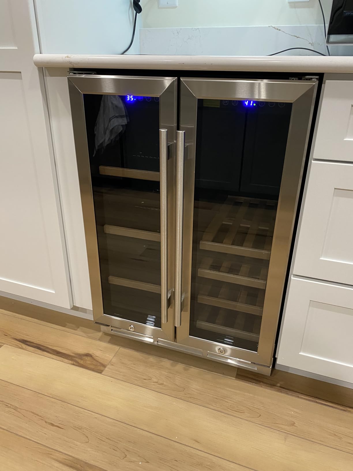 EUHOMY Wine and Beverage Refrigerator, 24 Inch Dual Zone Wine Cooler with Glass Door Hold 21 Bottles and 88 Cans, Built in or Under Counter Wine Fridge with Blue LED Light Customer Review EUHOMY Wine and Beverage Refrigerator, 24 Inch Dual Zone Wine Cooler with Glass Door Hold 21 Bottles and 88 Cans, Built in or Under Counter Wine Fridge with Blue LED Light - Customer Photo 2