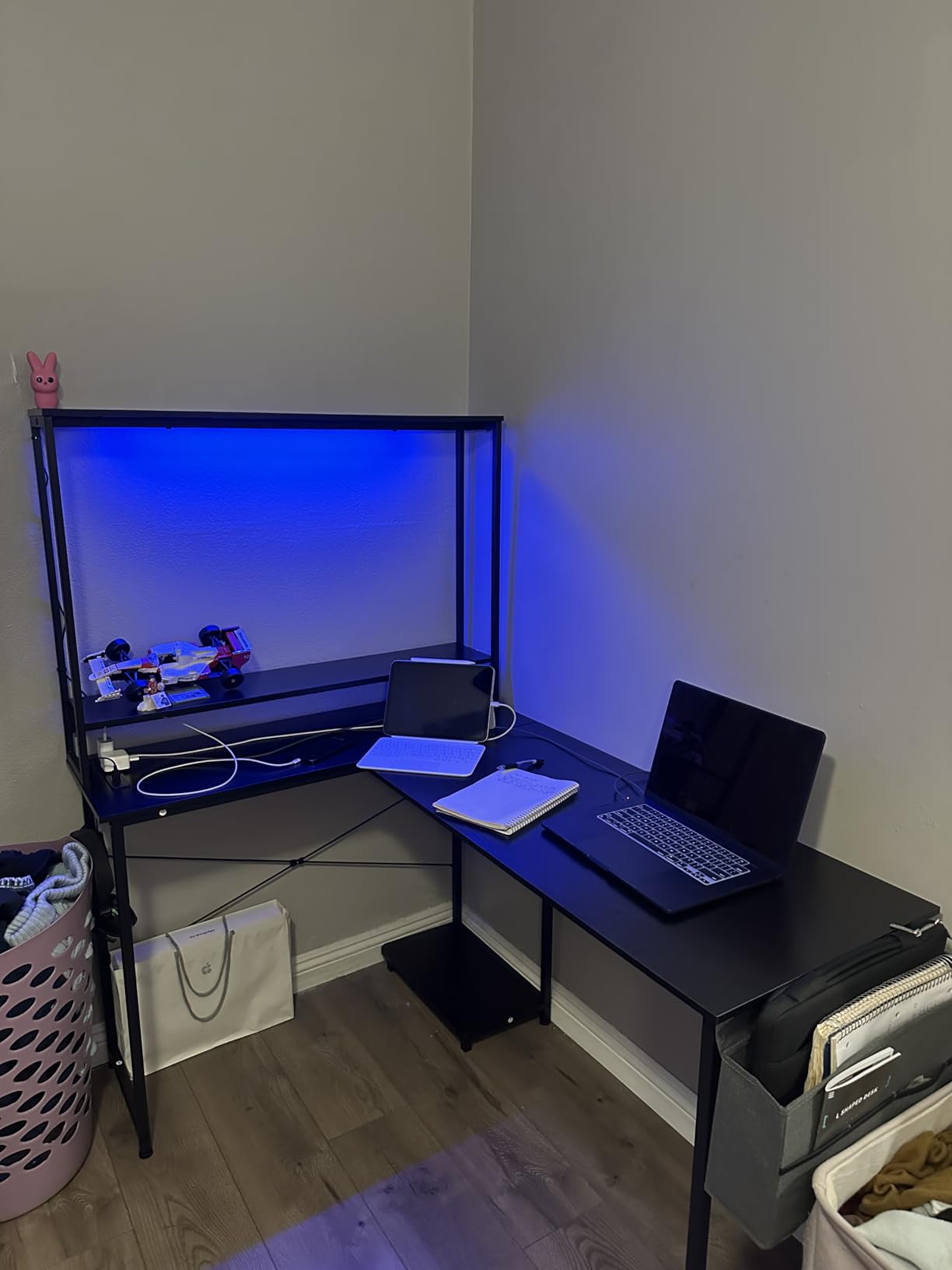 AODK L Shaped Desk Gaming Desk with LED Light & Power Outlet, 53 Inch Reversible L Shaped Computer Table with Shelf & Storage Bag & Hook for Home Office, Black Customer Review AODK L Shaped Desk Gaming Desk with LED Light & Power Outlet, 53 Inch Reversible L Shaped Computer Table with Shelf & Storage Bag & Hook for Home Office, Black - Customer Photo 1