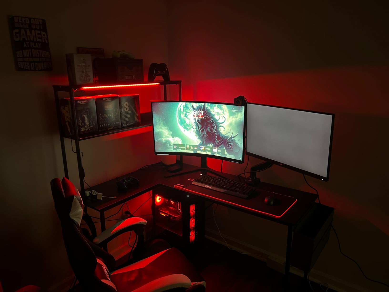 AODK L Shaped Desk Gaming Desk with LED Light & Power Outlet, 53 Inch Reversible L Shaped Computer Table with Shelf & Storage Bag & Hook for Home Office, Black Customer Review AODK L Shaped Desk Gaming Desk with LED Light & Power Outlet, 53 Inch Reversible L Shaped Computer Table with Shelf & Storage Bag & Hook for Home Office, Black - Customer Photo 2
