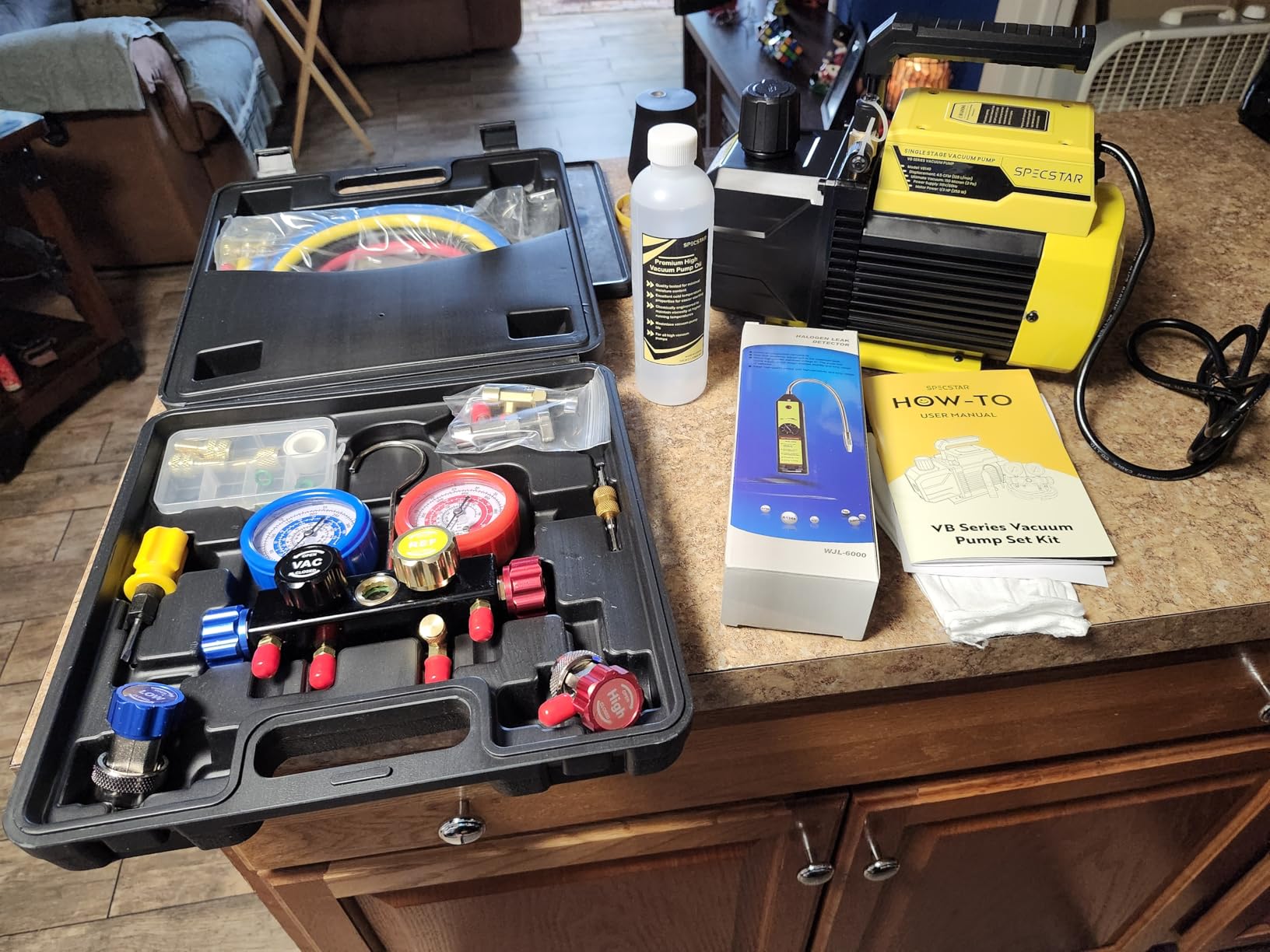 SPECSTAR 110V 1 HP 9.6CFM Dual Stage HVAC Vacuum Pump and 4 Way AC Manifold Gauge Set Kit with Leak Detector 5ft Hoses for R134a R12 R22 R502 R410a Air Conditioning Refrigeration Recharging - Customer Photo 1