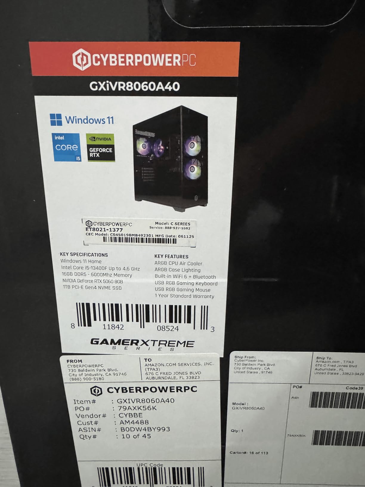 CyberPowerPC Gamer Xtreme VR Gaming PC, Intel Core i5-13400F 2.5GHz, GeForce RTX 5060 8GB, 16GB DDR5, 1TB PCIe 4.0 SSD, WiFi Ready & Windows 11 Home (GXiVR8060A40) Customer Review CyberPowerPC Gamer Xtreme VR Gaming PC, Intel Core i5-13400F 2.5GHz, GeForce RTX 5060 8GB, 16GB DDR5, 1TB PCIe 4.0 SSD, WiFi Ready & Windows 11 Home (GXiVR8060A40) - Customer Photo 1