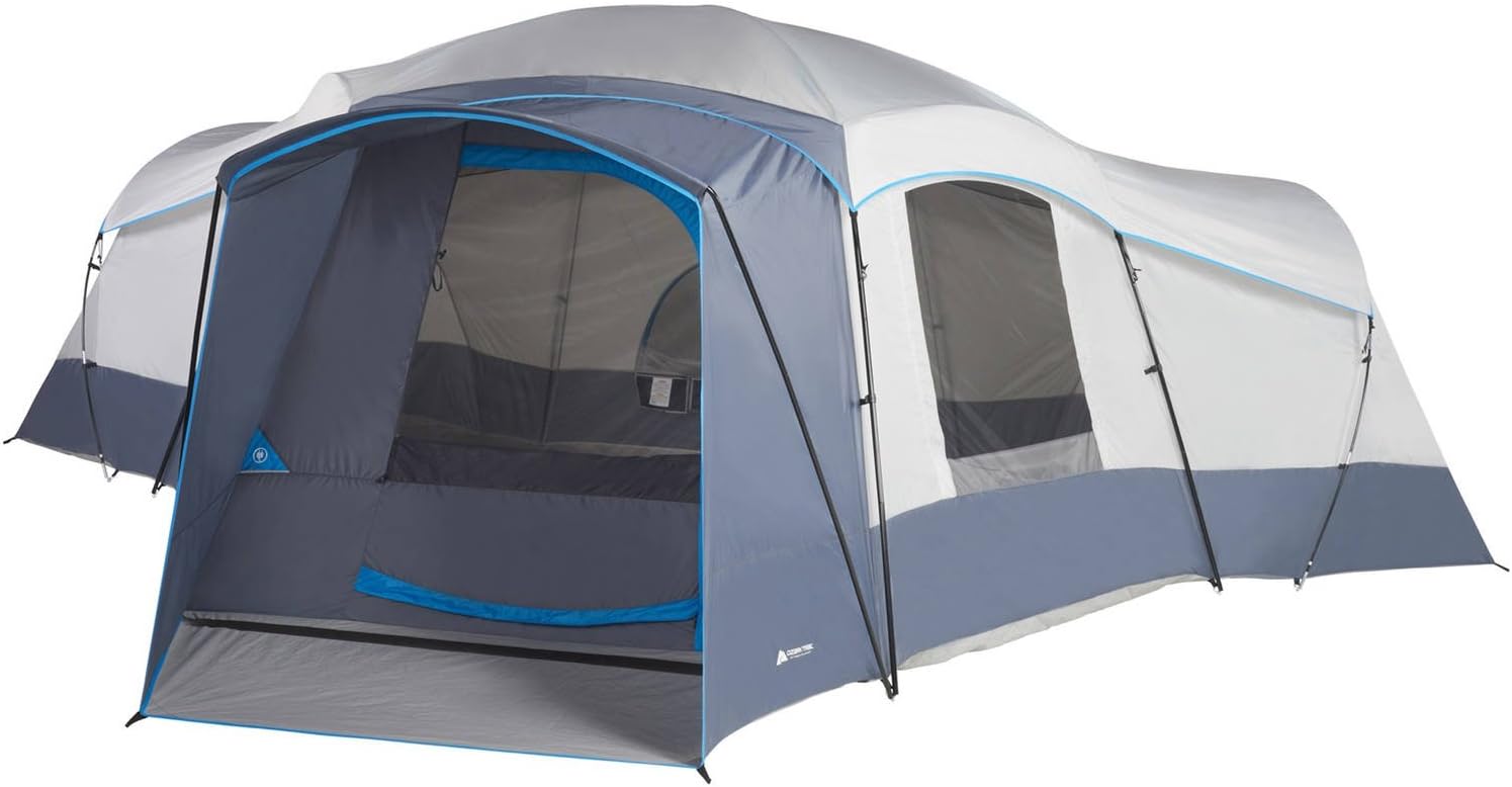 Spacious Family Sized 16-Person Weather Resistant Ozark Trail 23.5' x 18.5' Cabin Camping Tent, Gray and Blue - OZARK TRAIL