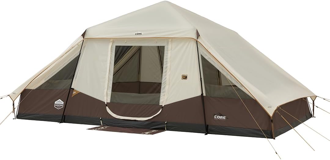 CORE Instant Cabin Tent with LED Lights | Large Family Lighted Pop Up Tent with Carry Bag for Camping, Glamping, and Backyard Adventures | Included Storage Pockets for Camp Accessories - CORE