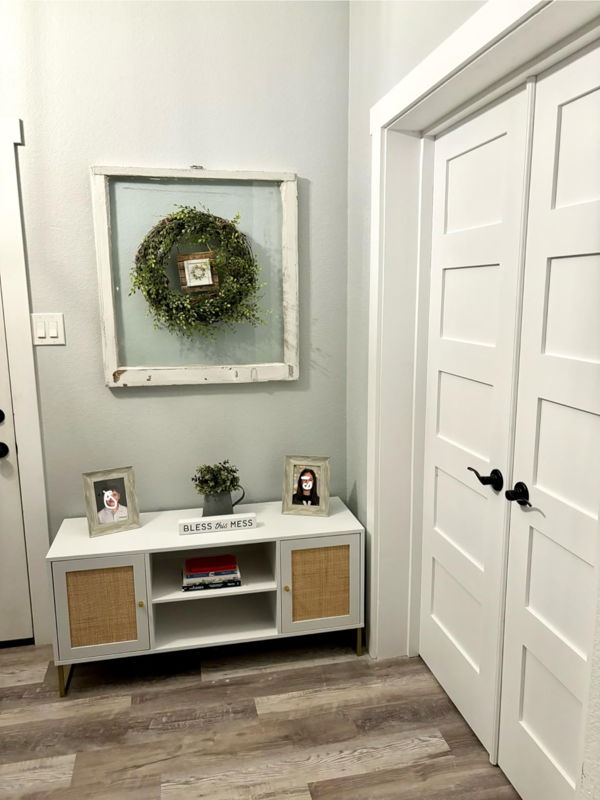 Dylan Media Console Cabinet or TV Stand with Doors for Hidden Storage in a Natural Reclaimed Oak Herringbone Wood Pattern and Metal, Oak/Matte Black customer photo 2