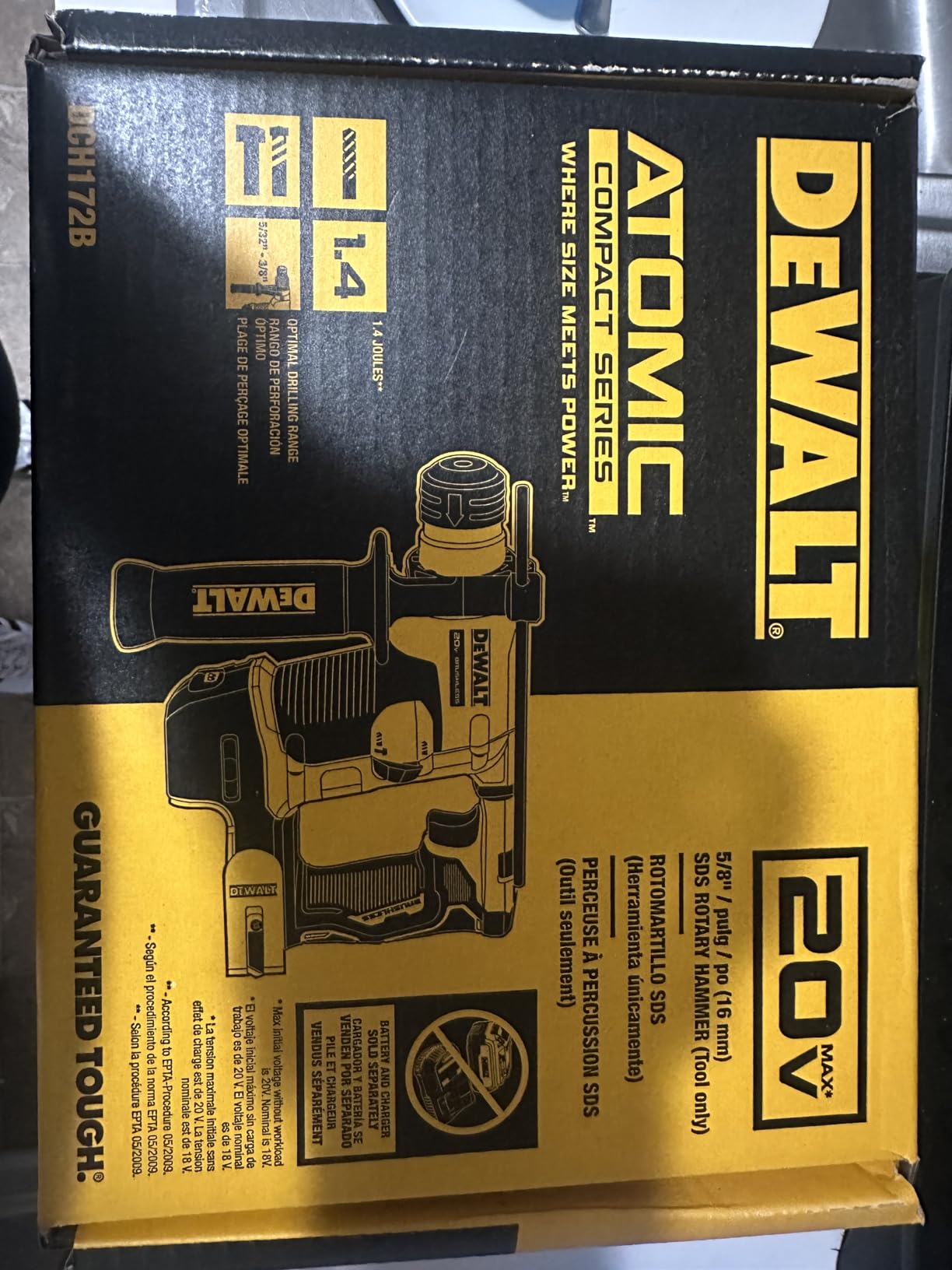 DEWALT 20V MAX SDS Plus Rotary Hammer Drill, Cordless, 5/8 in., Tool Only (DCH172B), Special Feature Brushless Motor, Compact, Cordless customer photo 2