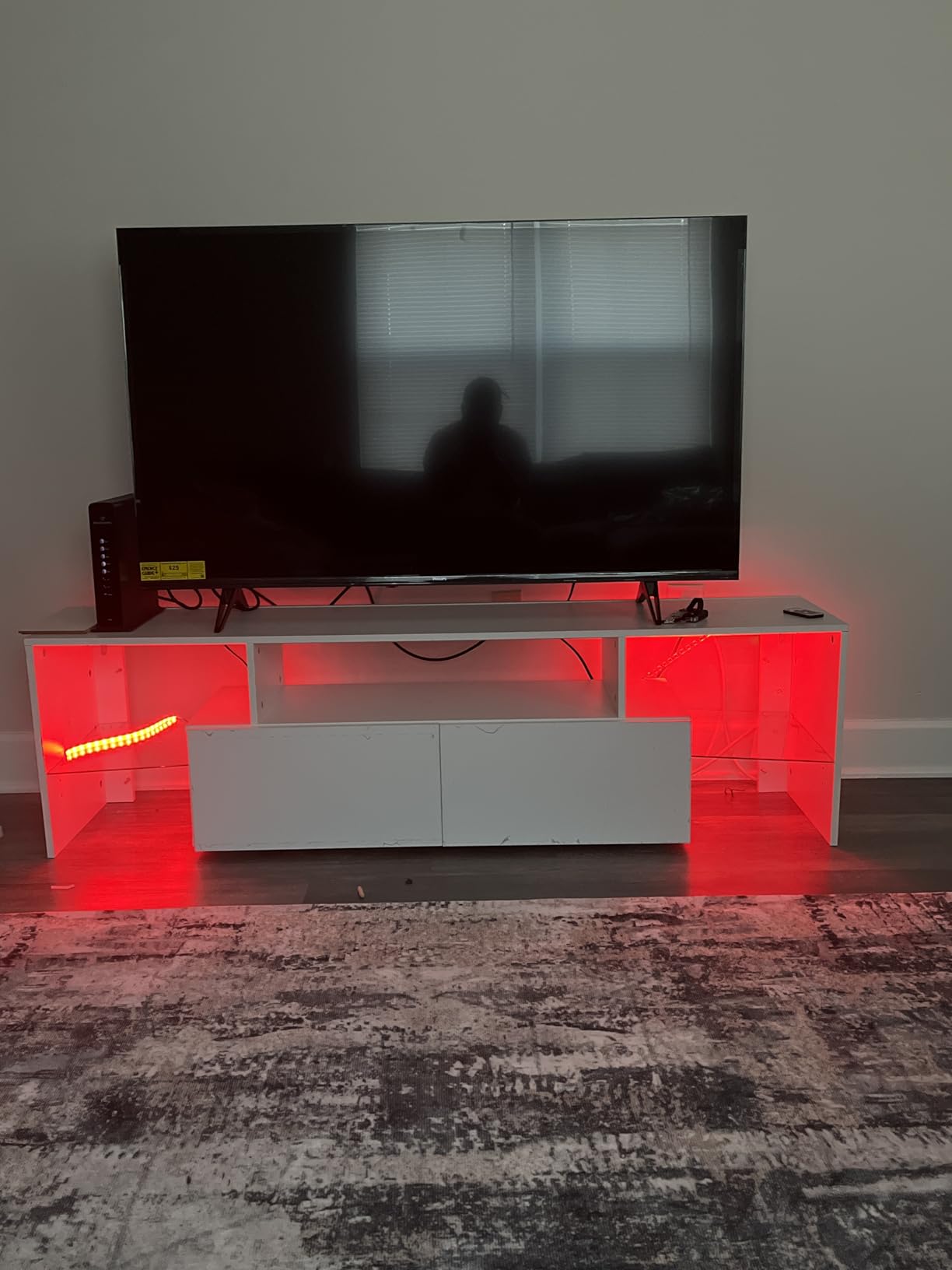 TV Stand with LED Lights, Modern Entertainment Center Media and Open Shelf Console Table Storage Desk with 1 Drawer and Remote Control 20 Color LED Lights up to 70 Inch TV (White) customer photo 1