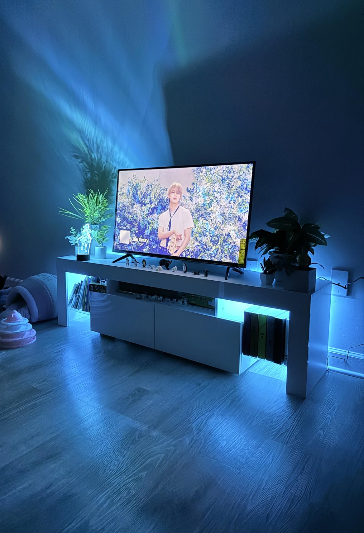 TV Stand with LED Lights, Modern Entertainment Center Media and Open Shelf Console Table Storage Desk with 1 Drawer and Remote Control 20 Color LED Lights up to 70 Inch TV (White) customer photo 2