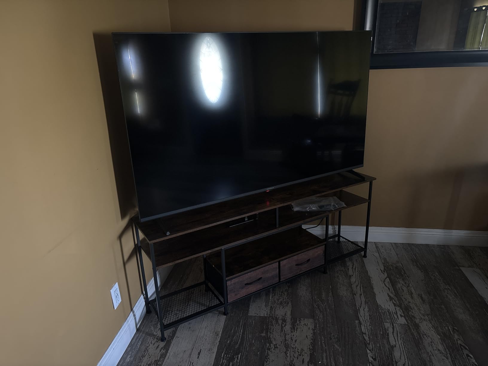 63 Inch LED TV Stand for 65 70 Inch TV, Entertainment Center with Open Shelves and Power Outlets, TV Console for Living Room, Media Console with Drawers, Black customer photo 2