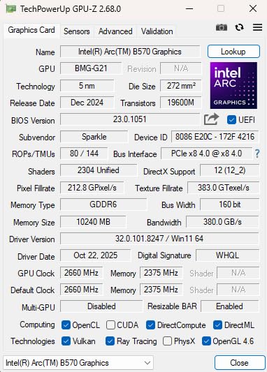 Sparkle Intel Arc B570 Guardian OC Graphics Card, 10GB GDDR6, Torn Cooling 2.0, Axial Fan, Breathing Light, Metal Backplate, SB570G-10GOC customer photo 2