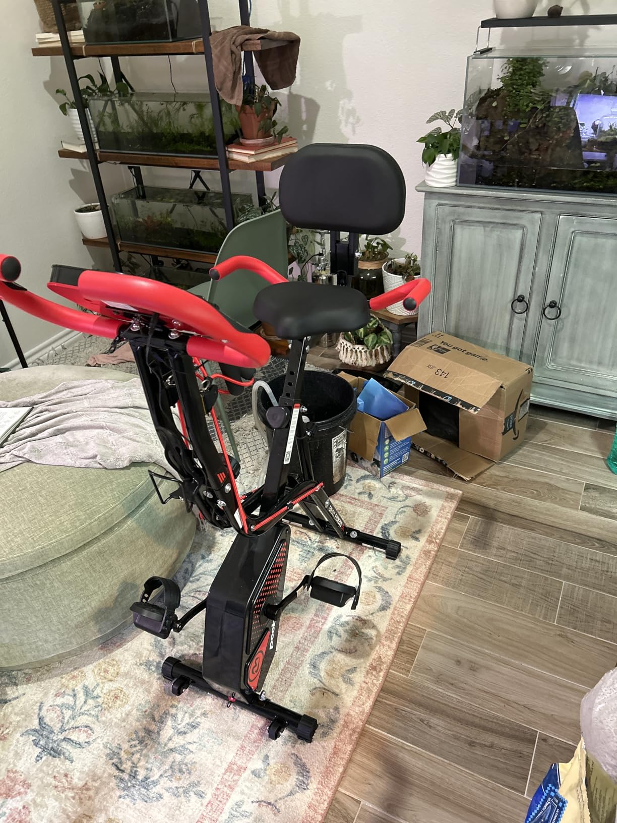 pooboo Folding Exercise Bike, Foldable Upright Stationary Bike, Indoor Cycling Magnetic X-Bike with 8-Level Adjustable Resistance, 6.6 LBS Flywheel, 300LB Capacity, Back Support Cushion for Home Gym customer photo 2