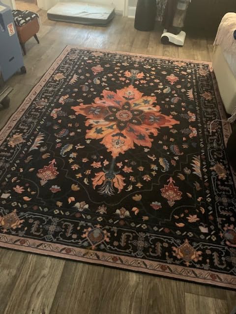RELEANY Floral 5x7 Area Rugs Washable Print Boho Cute Carpet Non Slip Flower Low Pile for Living Room Bedroom Kitchen Office Farmhouse - Black customer photo 2