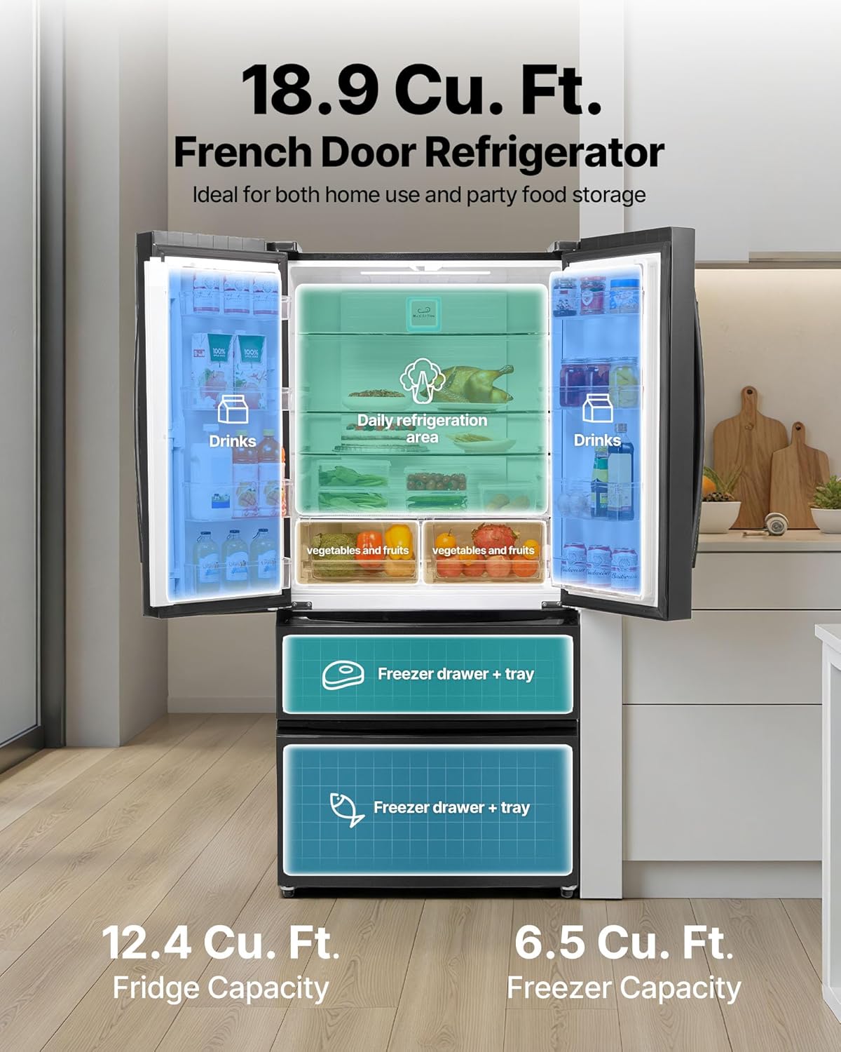 VEVOR French Door Refrigerator, 18.9 Cu. Ft. Kitchen Fridge, Counter Depth French Refrigerator with LED Display and 4 Casters, Frost-Free Bottom Freezer Refrigerators for Home & Commercial Use, Black customer photo 2