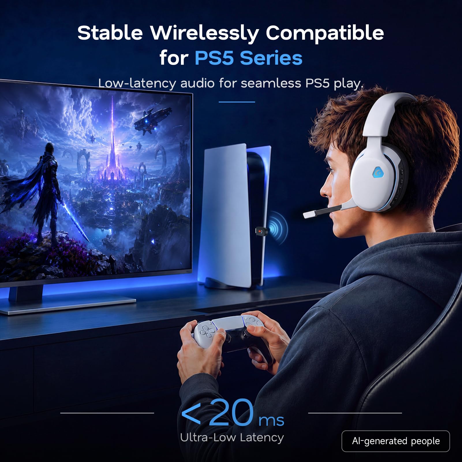 AOC 2.4GHz Wireless Gaming Headset for PS5, PS4 Fortnite & Call of Duty/FPS Gamers, PC, Switch, Bluetooth 6.0 Gaming Headphones with Noise Canceling Mic, 7.1 Virtual Surround, 45Hr Battery - White customer photo 2