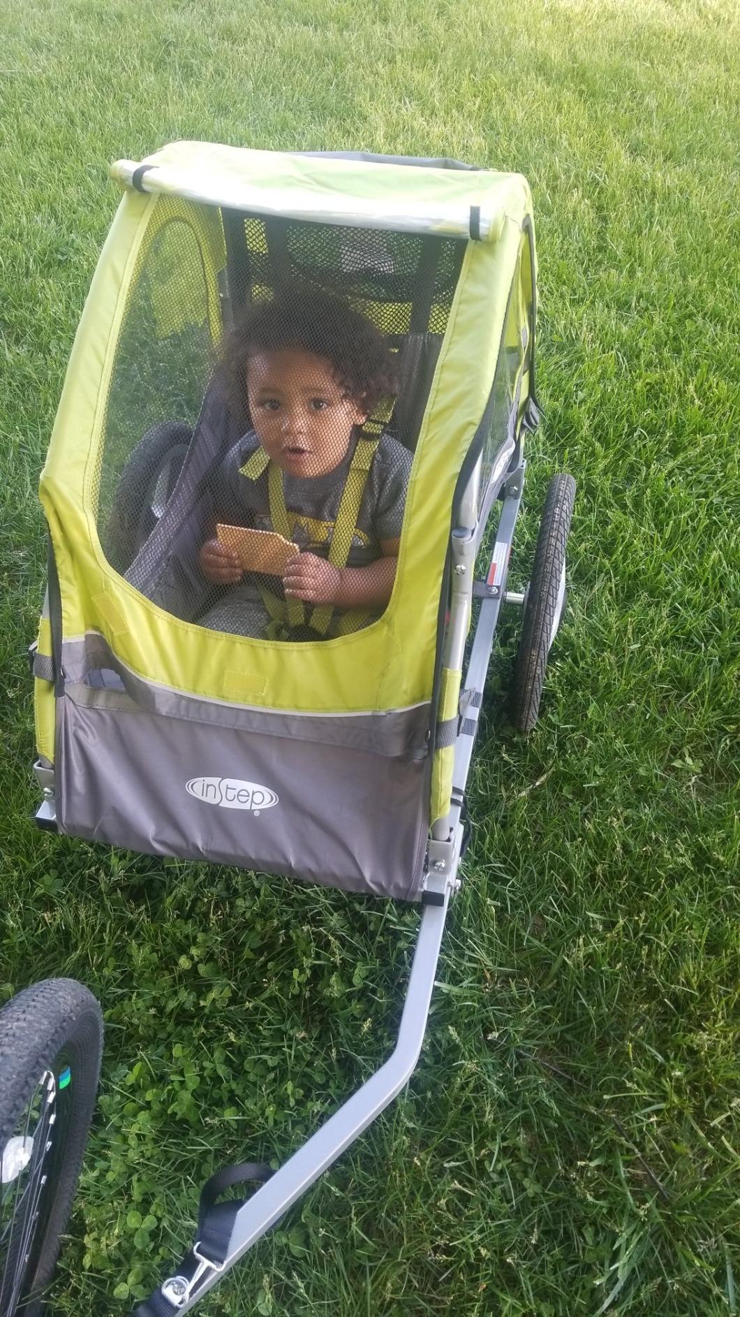 Instep Sync Single Seat Bike Child Trailer, Max Weight 40 lbs., 5-Point Harness, Folding Frame, Quick Release Wheels, Easy Storage, Bug Screen & Weather Shield, Green/Grey customer photo 2