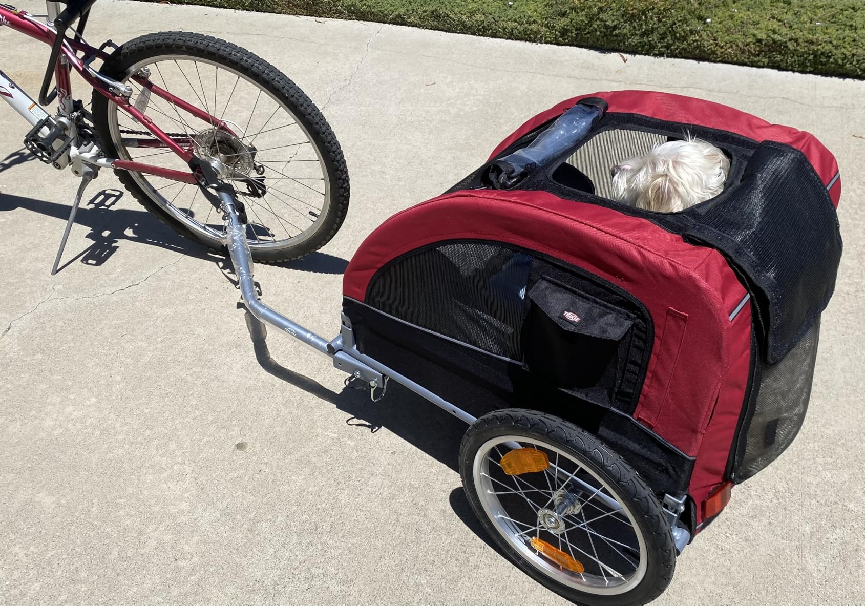 TRIXIE Medium Dog Bike Trailer - Foldable Pet Bicycle Trailer for Dogs up to 48lbs - Features Quick Fastening Wheels, 2 Doors, Safety Leash & Waterproof Carrier - 50 x 25 x 26.5in - Black/Red customer photo 1