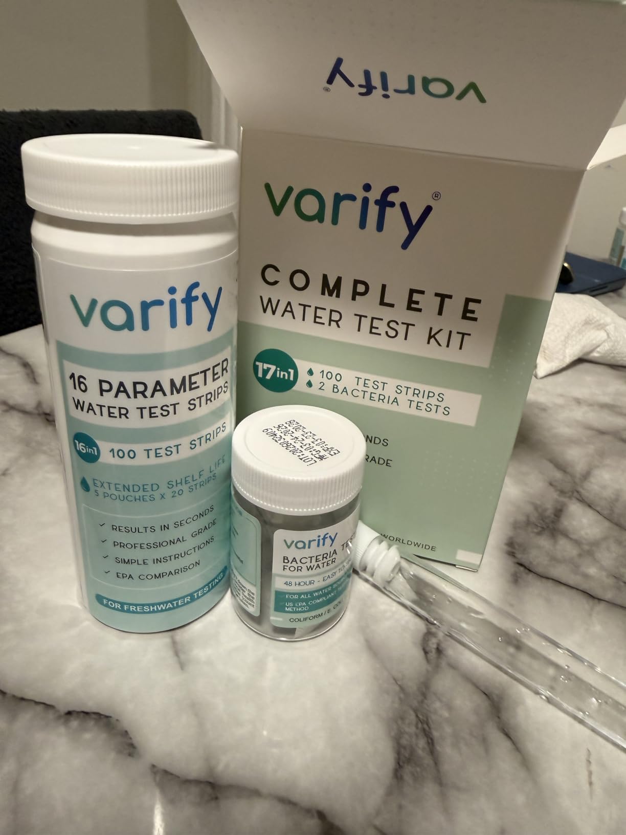 Varify 17in1 Complete Drinking Water Test Kit - 100 Strips + 2 Bacteria Tester Kits - Well, Tap, Home, City Water Testing Strip for Lead, Alkaline, Chlorine, Hardness, Iron, Fluoride, Copper & More customer photo 1